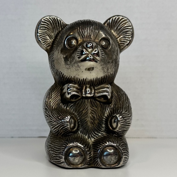 Silver/Brass-Tone Teddy Bear Bank 5" tall, Eclectic / Whimsigoth Display Décor - Picture 2 of 9